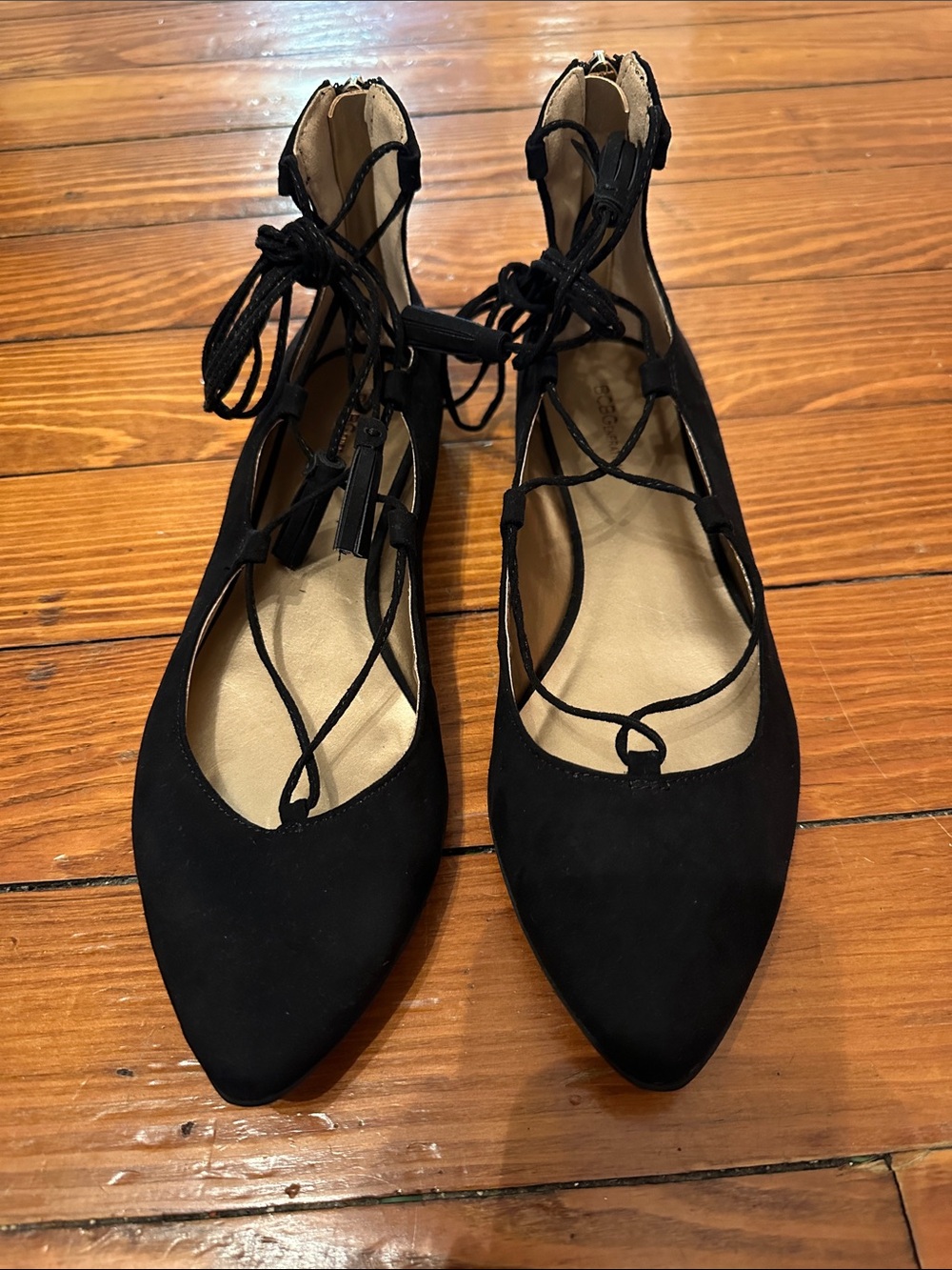 BCBGeneration Black Pointed Toe Lace-Up Flats